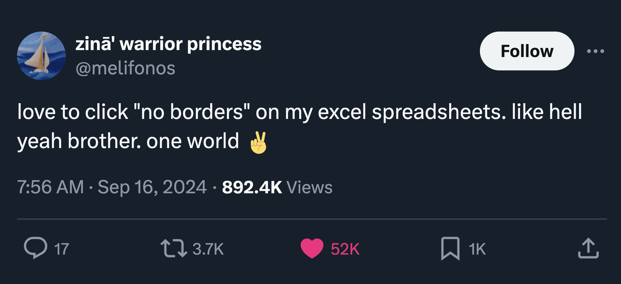 screenshot - zin' warrior princess love to click "no borders" on my excel spreadsheets. hell yeah brother. one world Views 17 52K 1K